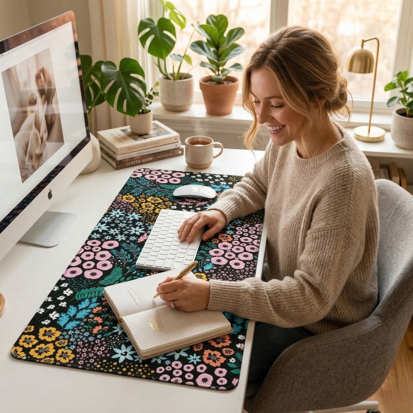 Schreibtischunterlage Midnight Garden | Florales Design | XXL Desk Pad 90x40 cm